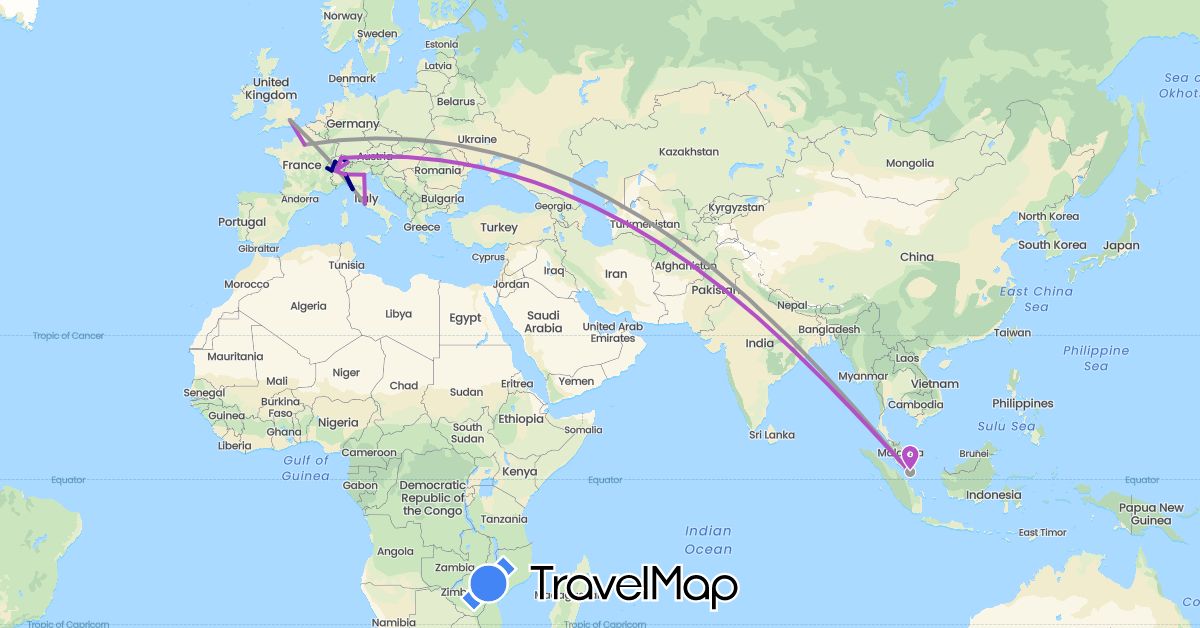 TravelMap itinerary: driving, plane, train in Switzerland, France, United Kingdom, Italy, Singapore (Asia, Europe)
